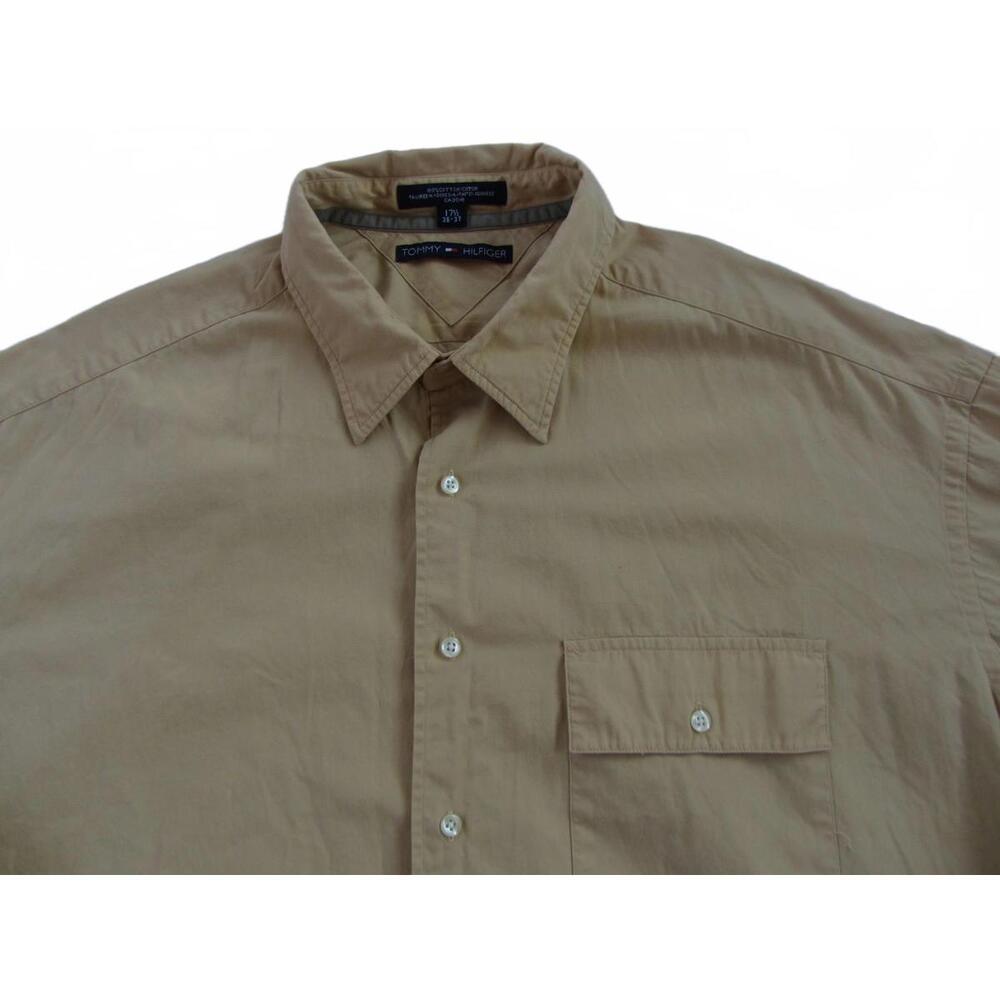 Tommy Hilfiger Men's Button Golden Beige Dress Shirt 17.5 (36-37) Vintage